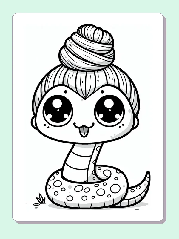 Black and white printable snake with a high hair bun coloring sheet