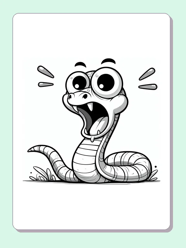 Black and white printable startled snake coiled in grass coloring sheet