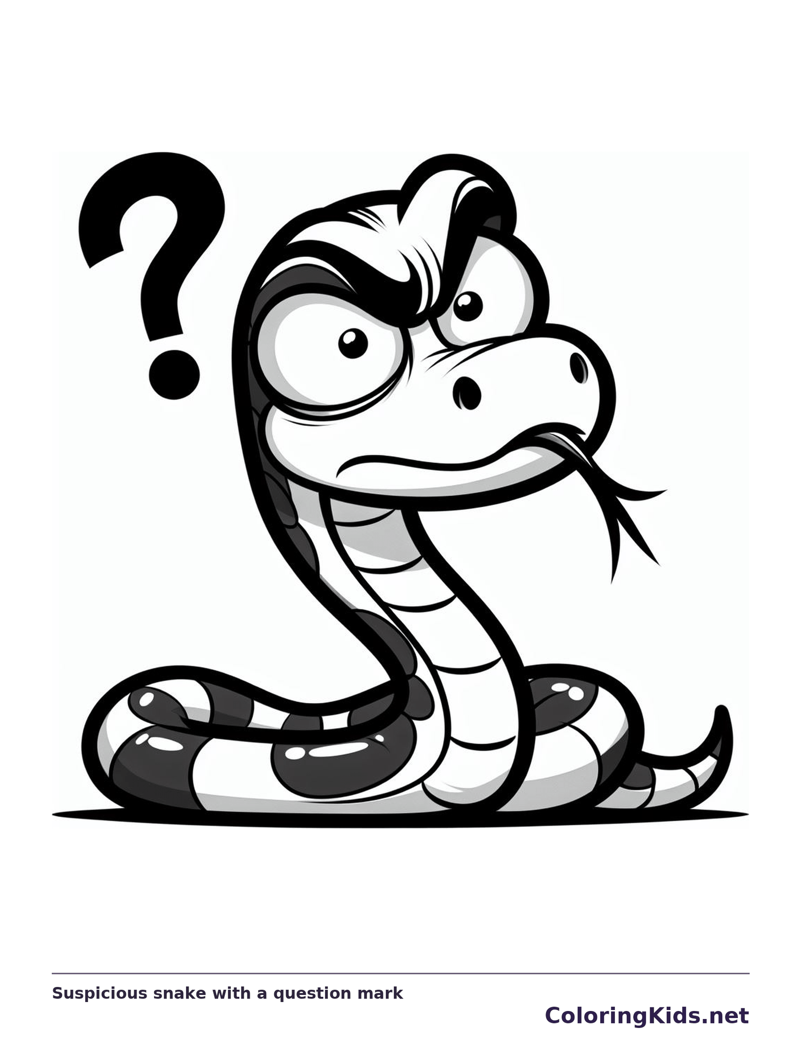 Black and white printable suspicious snake with a question mark coloring sheet