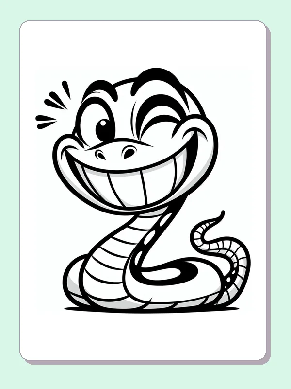 Black and white printable winking snake with a huge grin coloring sheet