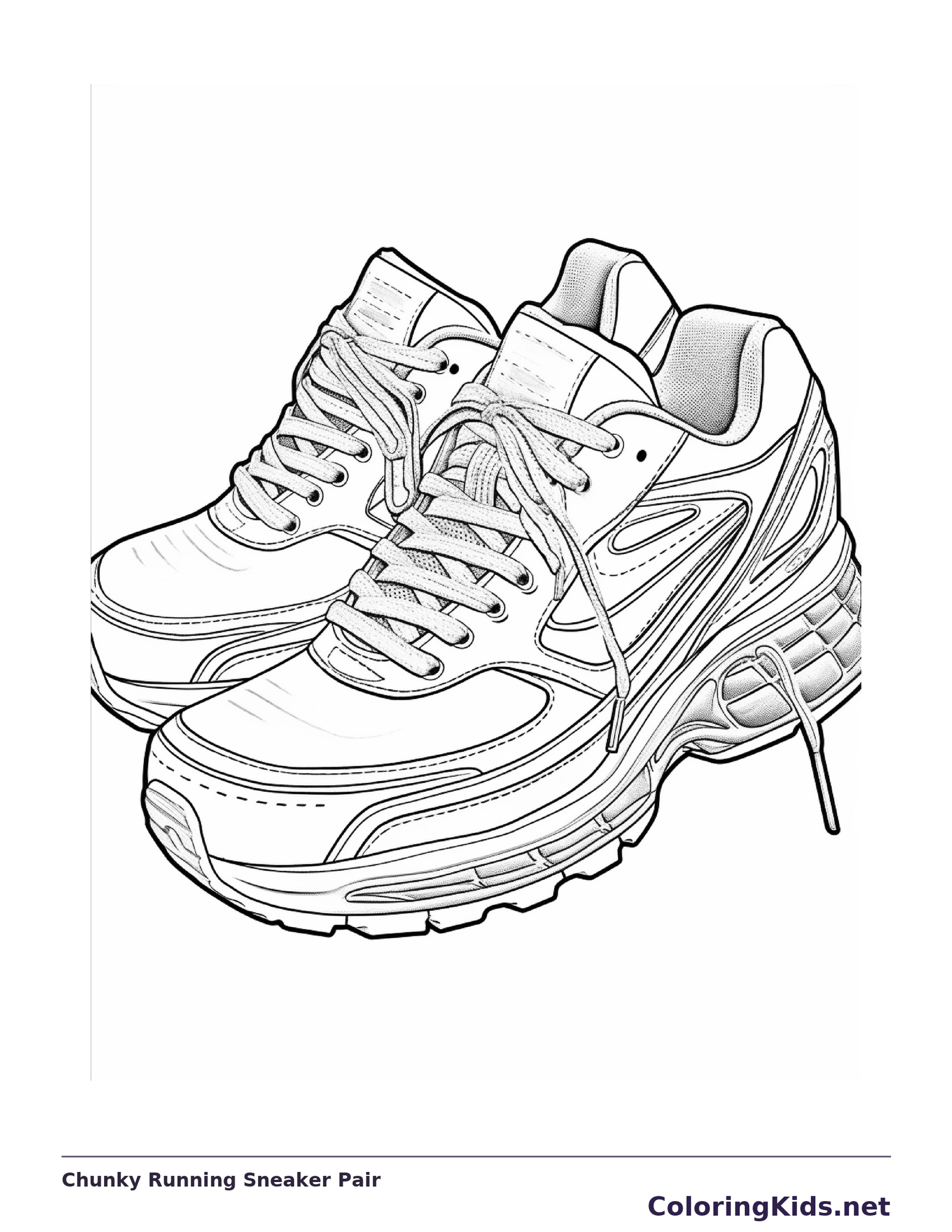 Overlapping pair of chunky running sneakers, black-and-white line art