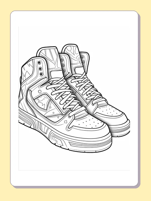 High-top sneaker pair with star side badges and patterned ankle panels, black-and-white line art