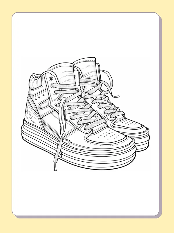 Two high-top sneakers with loose wide laces and perforated toes, black-and-white line art