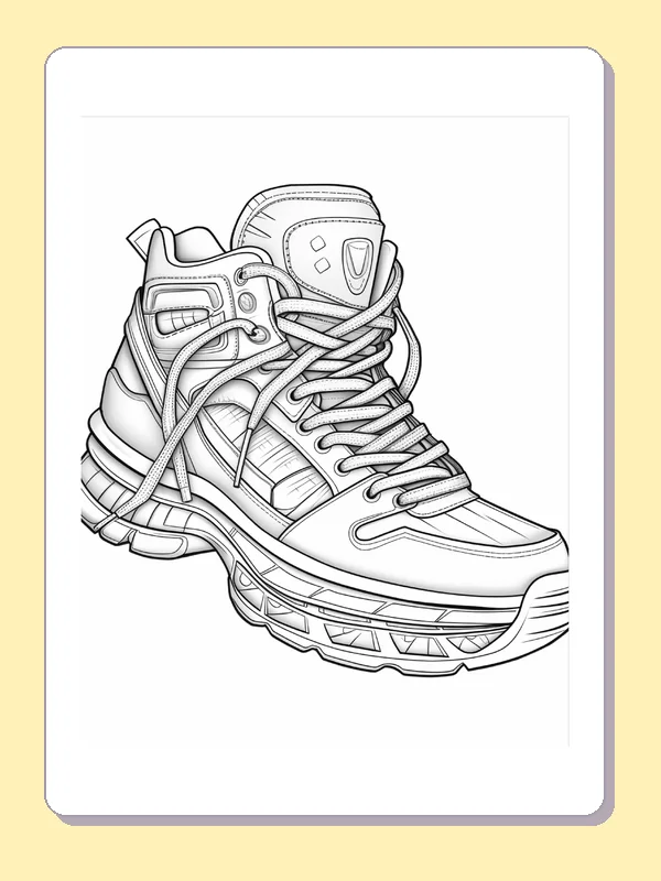 High-top sneaker with ribbed sole and crossed laces, black-and-white line art
