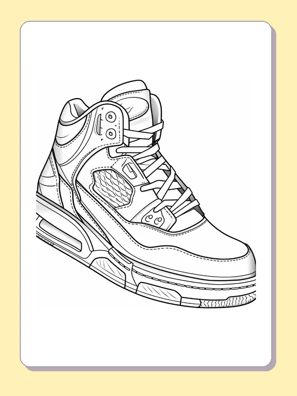 High-top sneaker with round ankle badge and patterned side patch, black-and-white line art