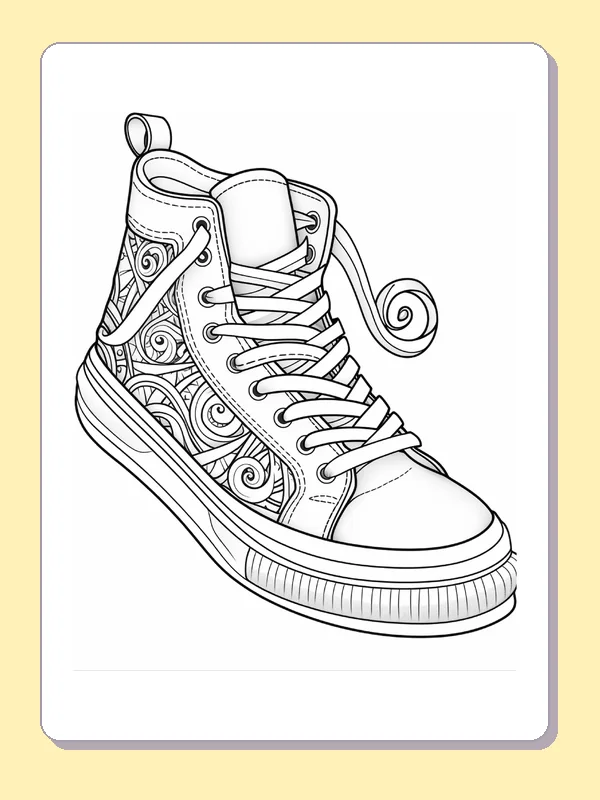 High-top sneaker with swirling side panel pattern, black-and-white line art