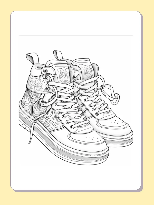 Low-top sneaker pair with flowers on the side panels, black-and-white line art