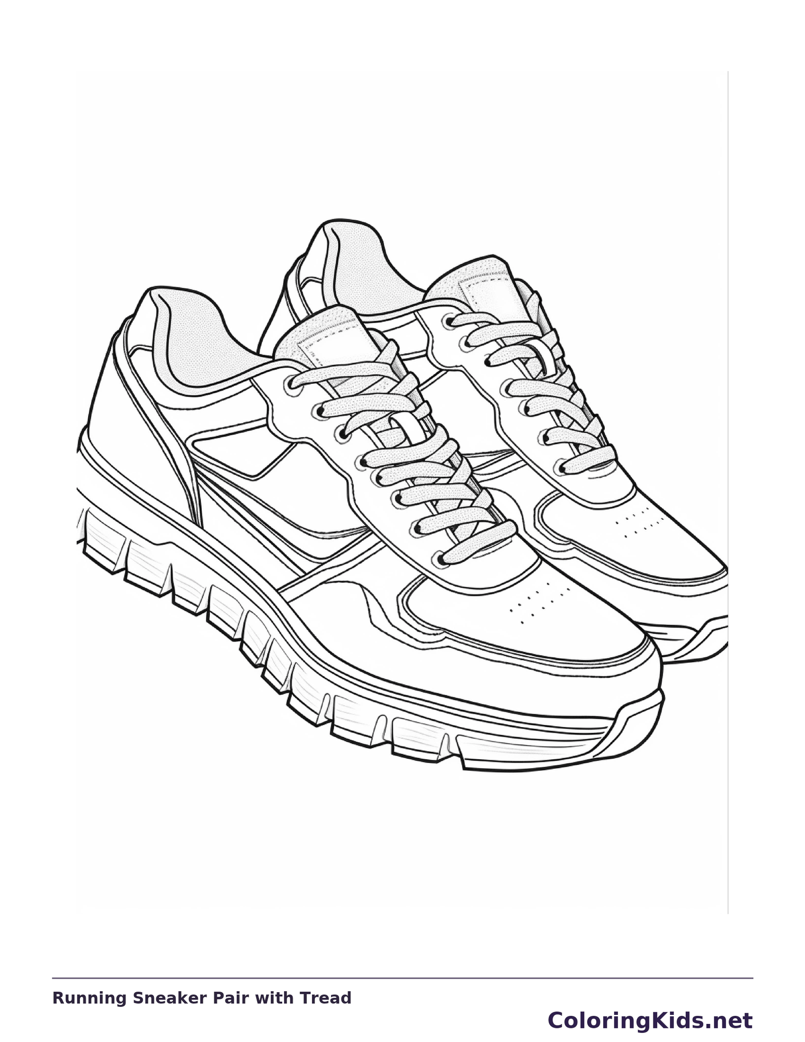 Pair of running sneakers with curved stripes and segmented soles, black-and-white line art