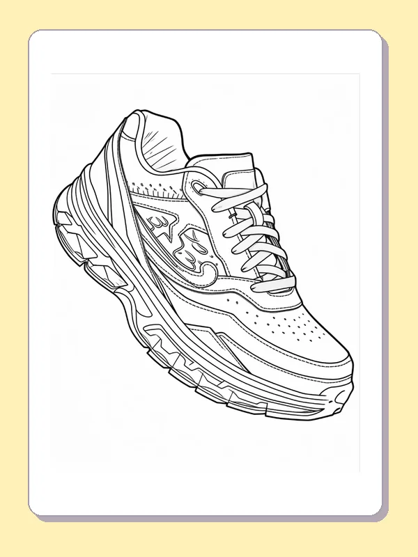 Running sneaker with angular tread and curved side detail, black-and-white line art