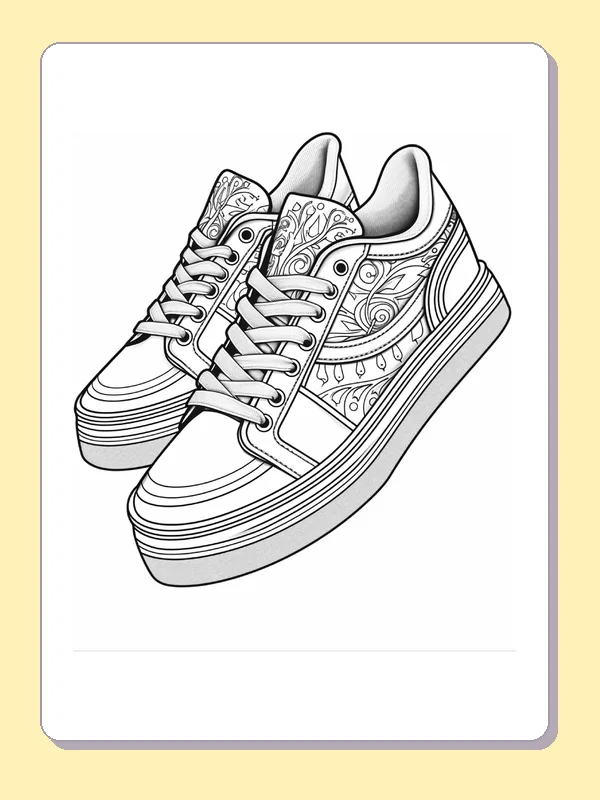 Pair of low-top sneakers with ornate side panels, black-and-white line art