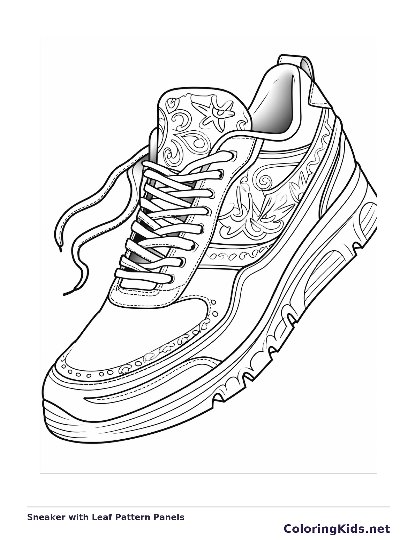 High-top sneaker with leaf pattern across side panels, black-and-white line art