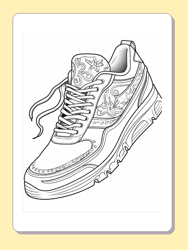 High-top sneaker with leaf pattern across side panels, black-and-white line art
