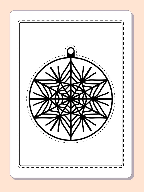 Round hanging ornament with many fine radiating snowflake rays and white wedges