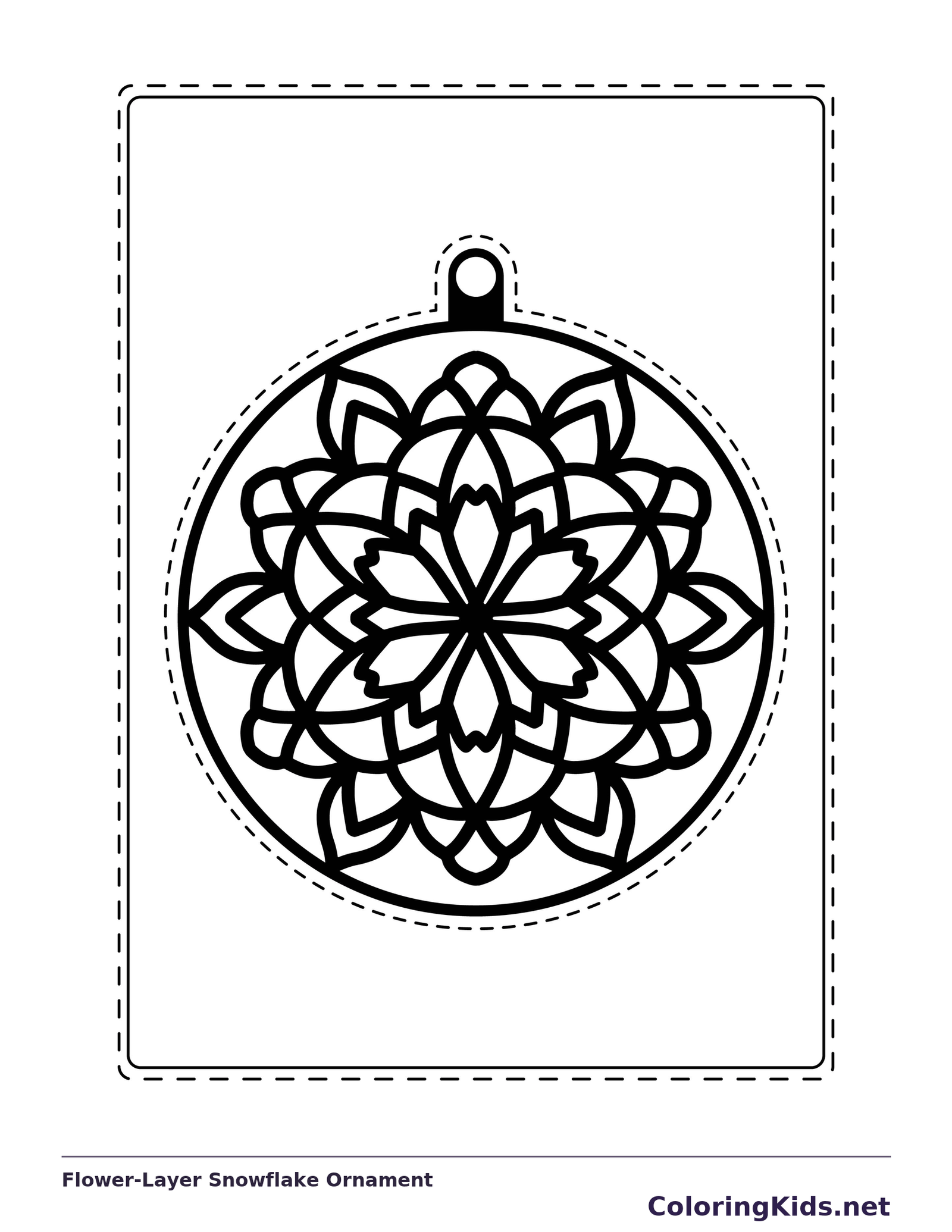 Round ornament with pointed outer petals and a smaller looping flower inside