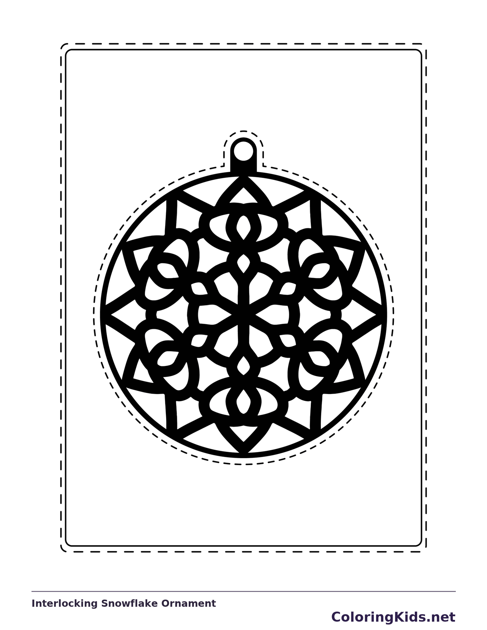 Round winter ornament of interlocking star and petal outlines with narrow spaces