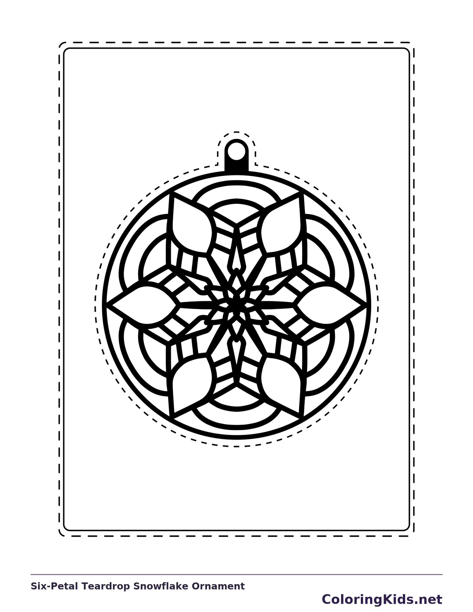 Hanging ornament with six rounded teardrop petals and open curved sections