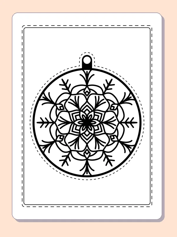 Round ornament with branching snowflake arms and a dense layered flower center