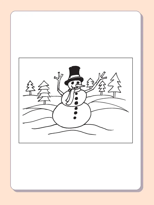 Top-Hat Snowman Among Evergreens coloring page: black and white line art to print or color online