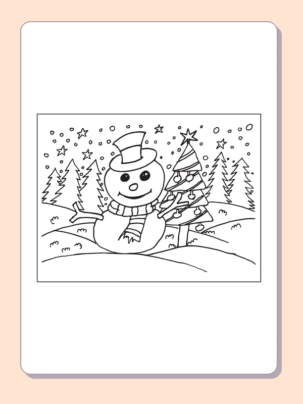 Snowman Among Stars and Snowy Pines coloring page: black and white line art to print or color online