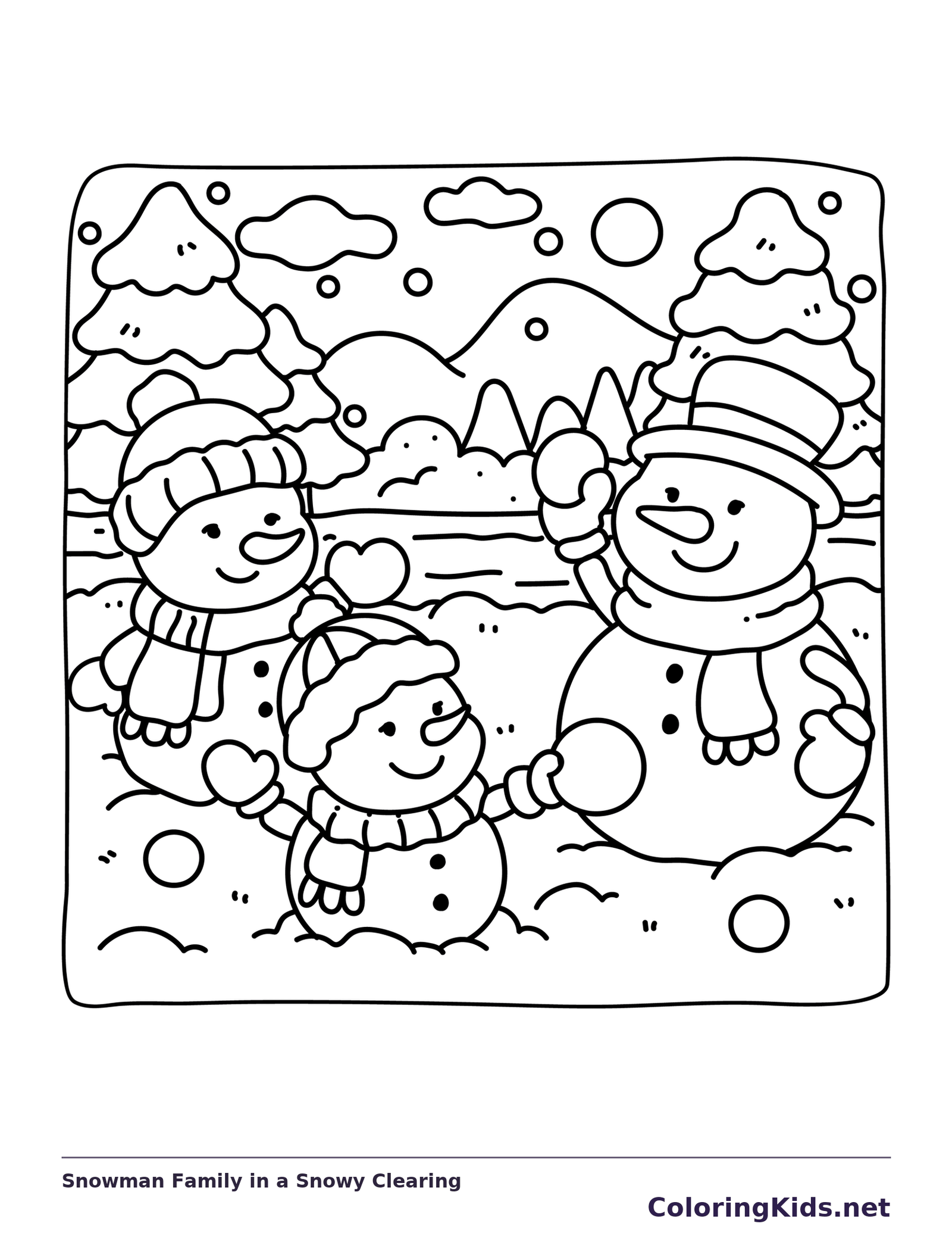 Snowman Family in a Snowy Clearing coloring page: black and white line art to print or color online