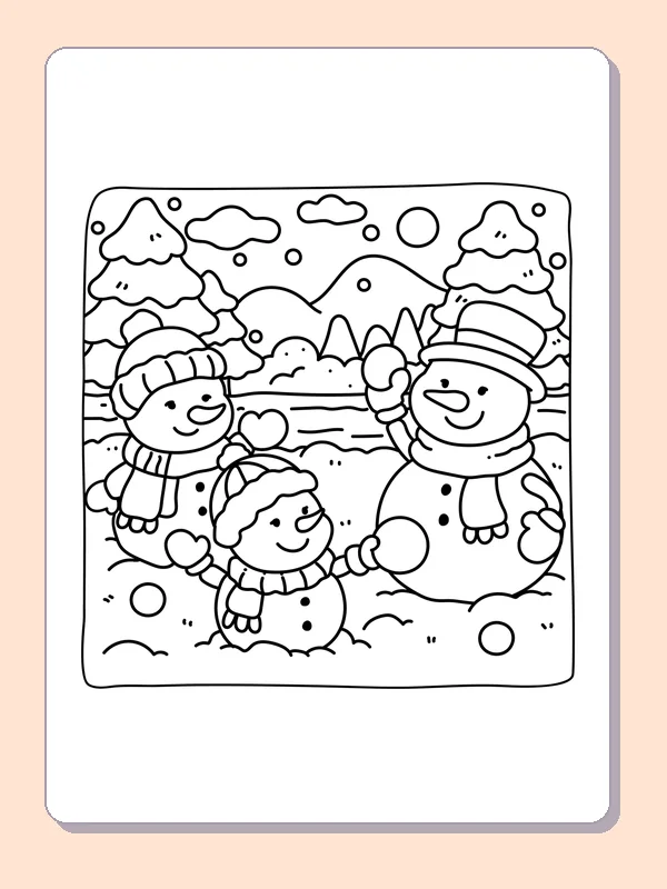 Snowman Family in a Snowy Clearing coloring page: black and white line art to print or color online