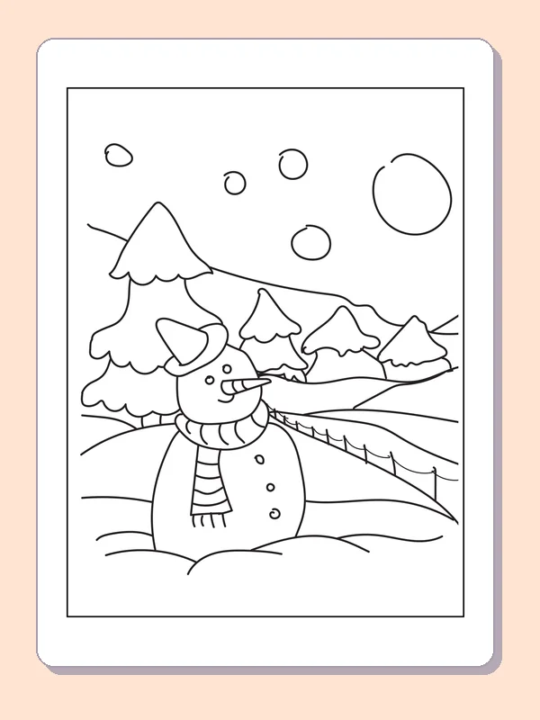 Snowman Below Mountain Peaks coloring page: black and white line art to print or color online