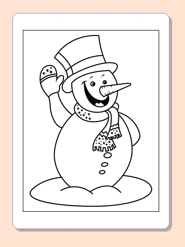 Waving Snowman in a Tall Hat coloring page: black and white line art to print or color online
