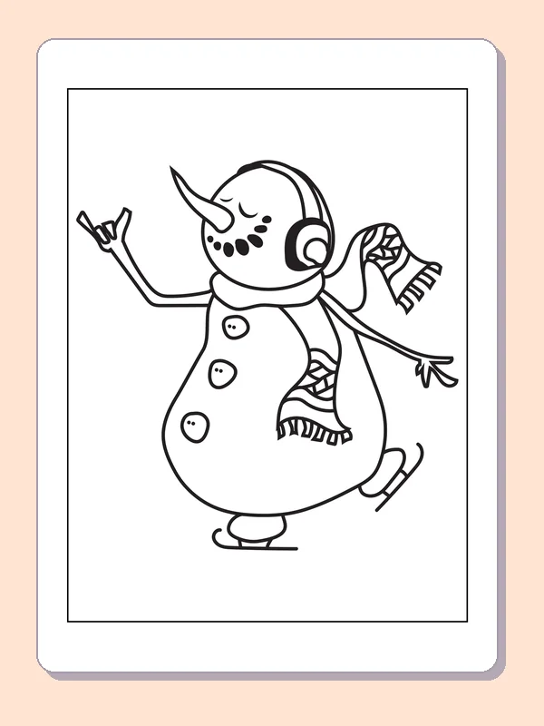 Earmuff Snowman Lifting a Skate coloring page: black and white line art to print or color online