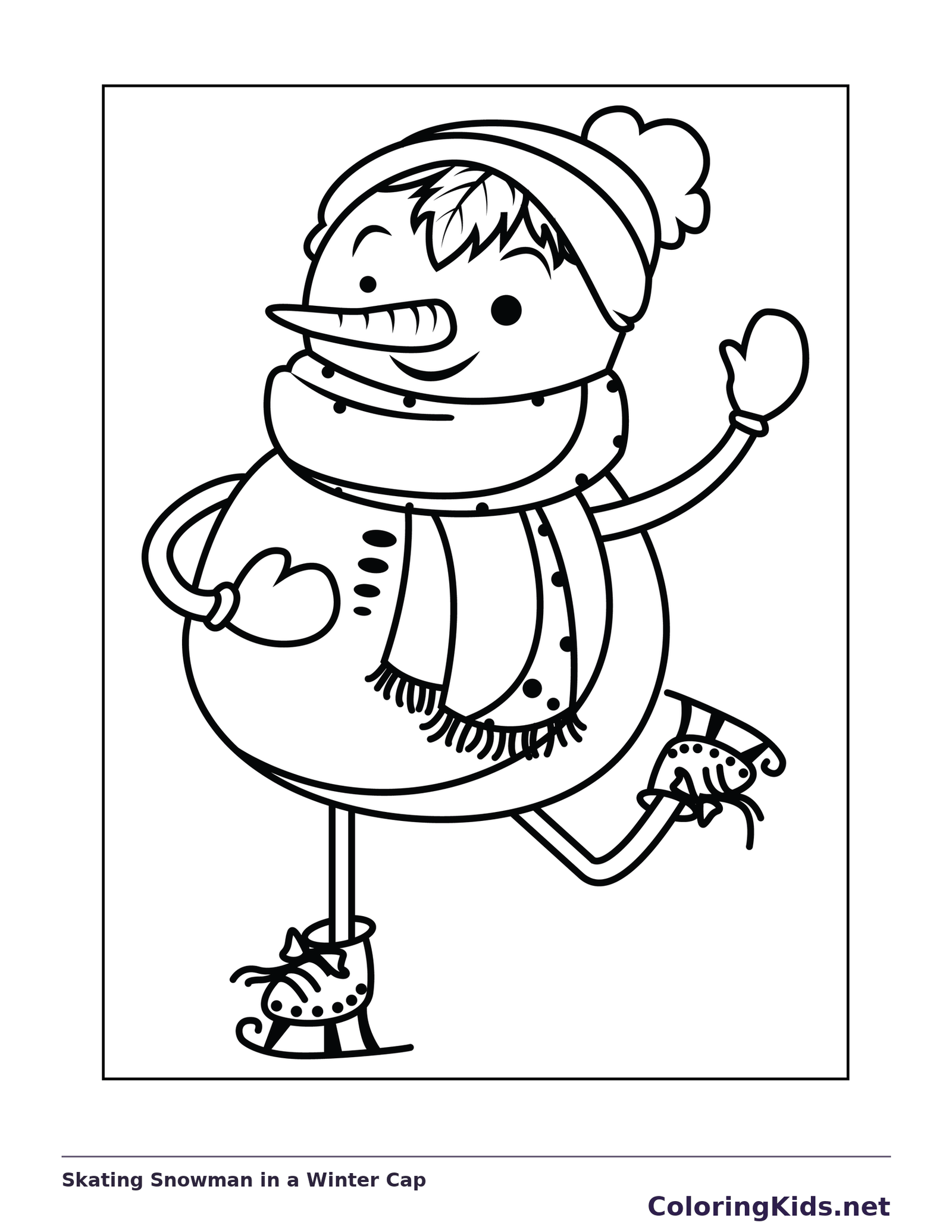 Skating Snowman in a Winter Cap coloring page: black and white line art to print or color online