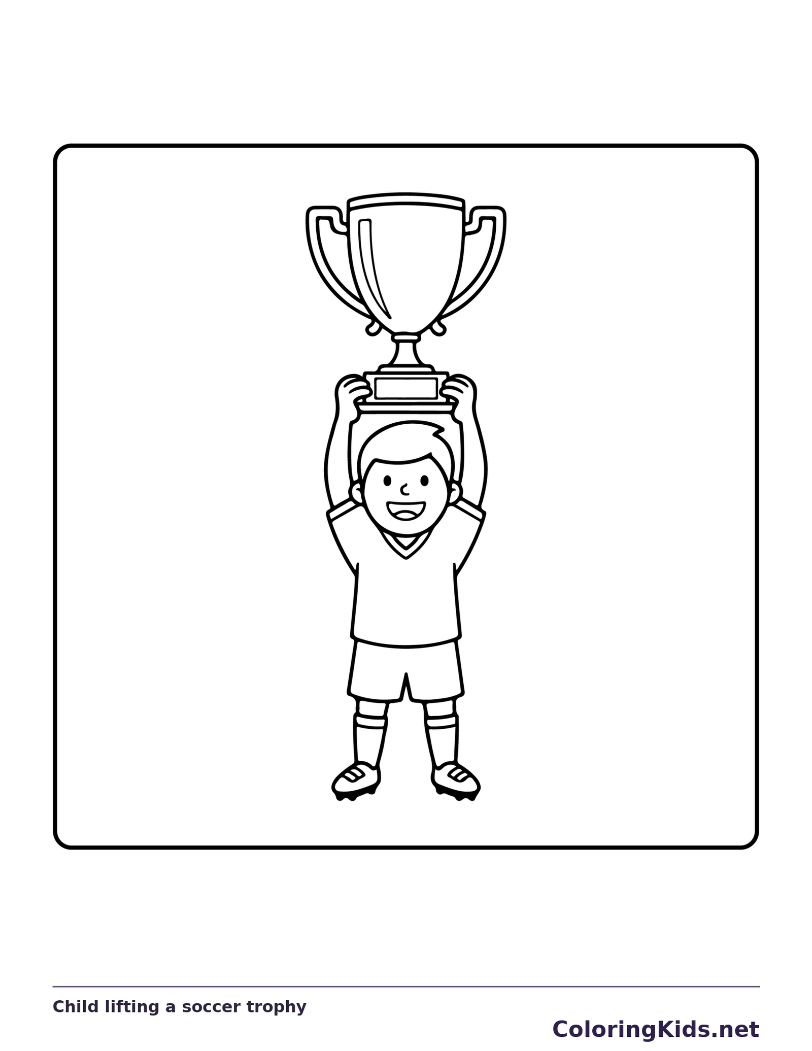 Child lifting soccer trophy overhead