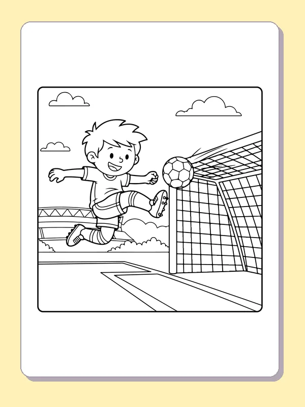 Child making flying kick toward soccer goal