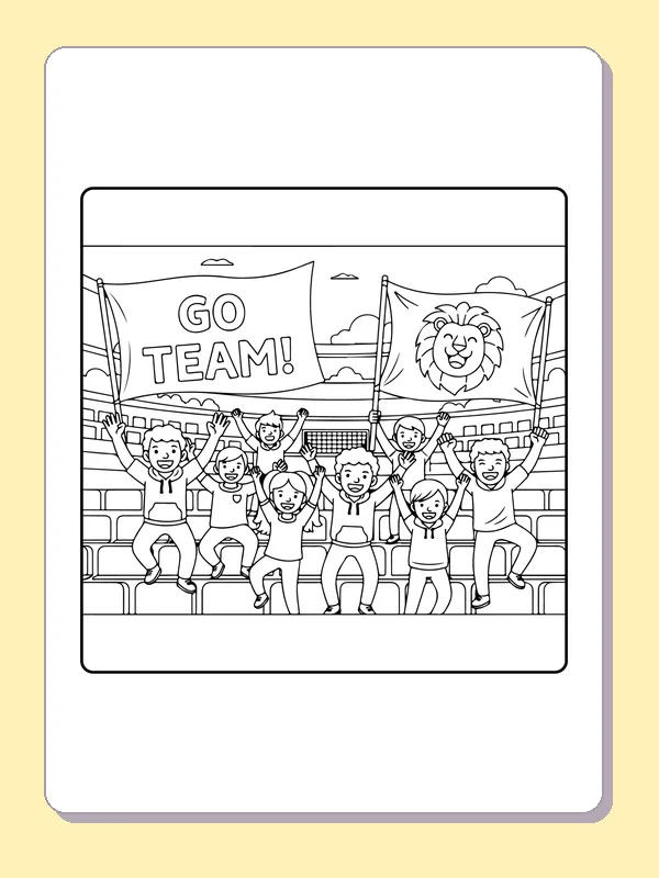 Soccer supporters under GO TEAM and lion banners