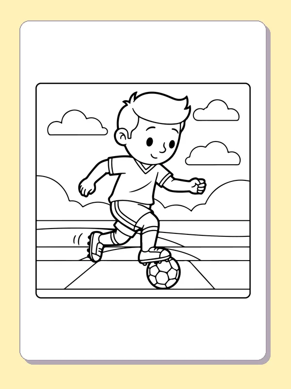 Young soccer player dribbling on marked field