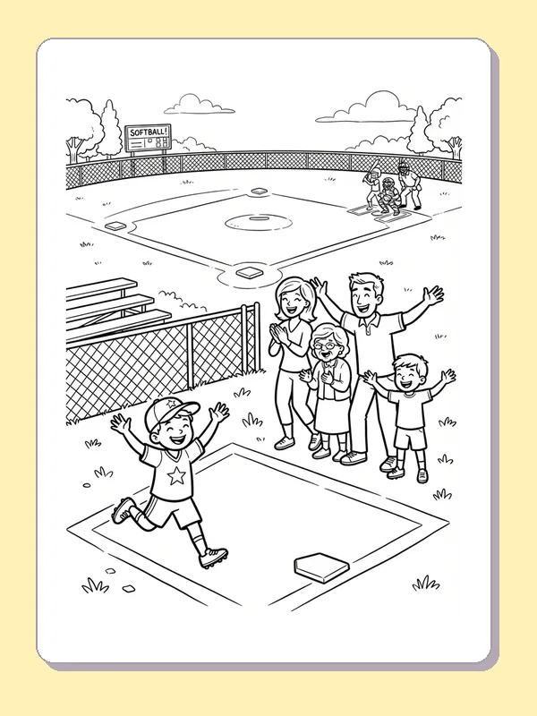 Young softball player running past home plate as family cheers