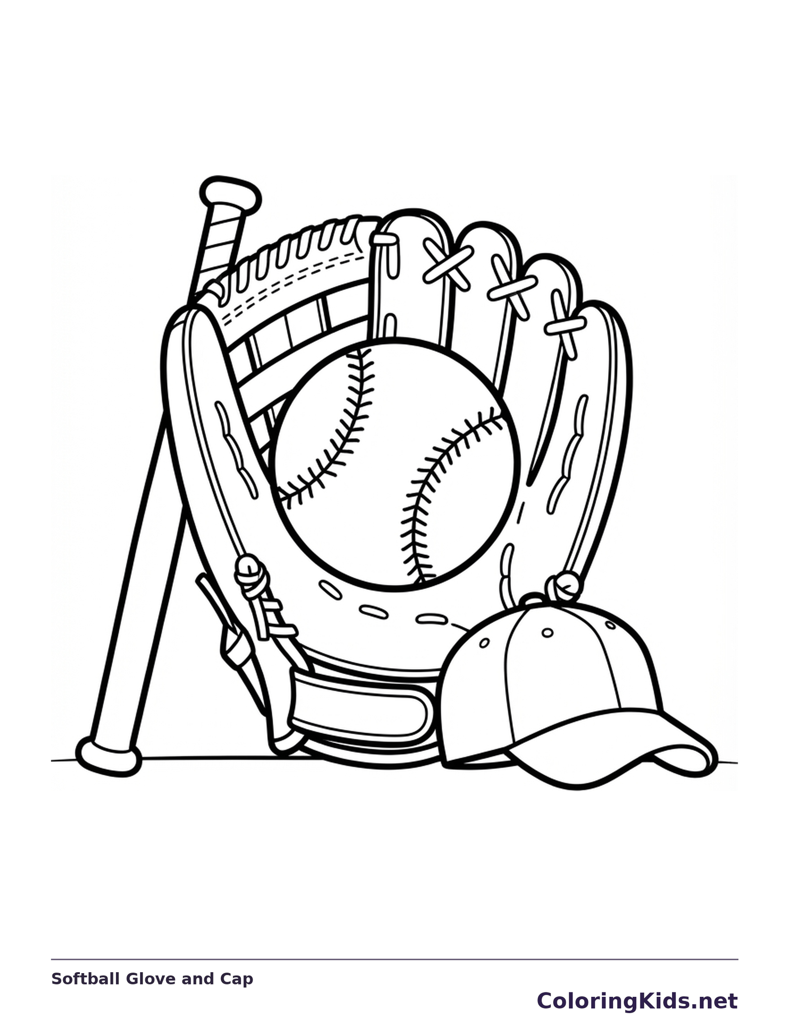 Black and white coloring page of a softball nestled in a fielding glove beside a bat and cap
