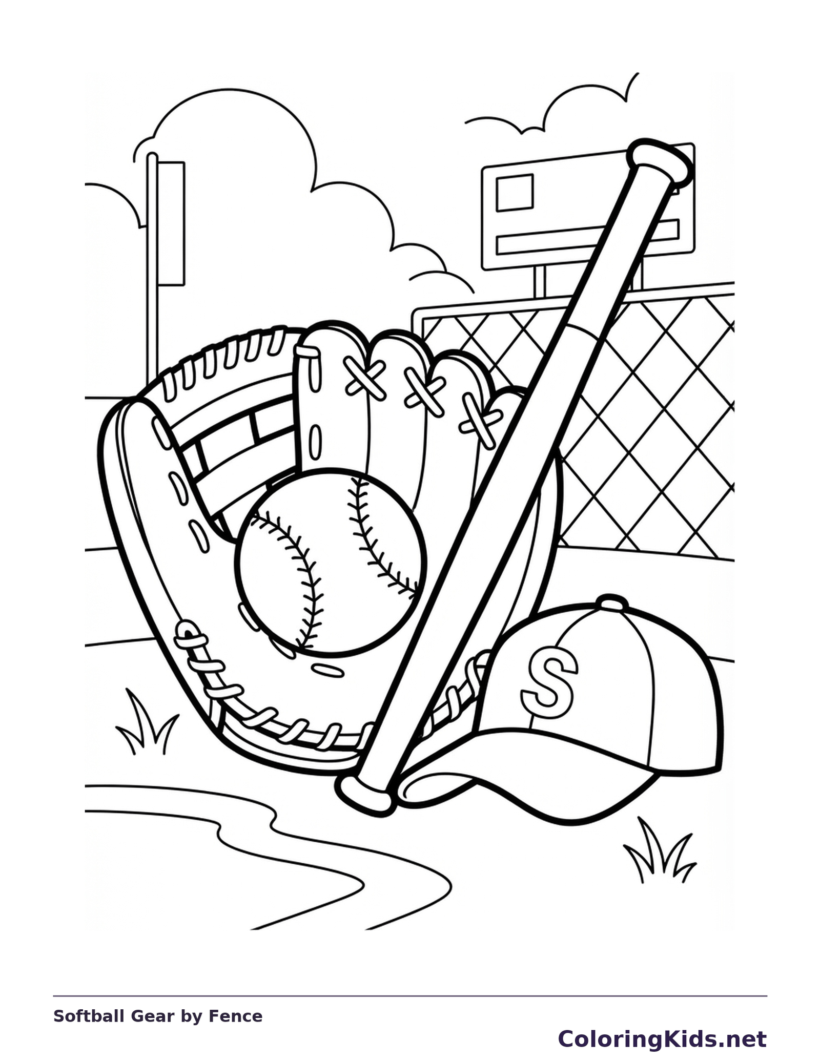 Black and white coloring page of a glove, ball, bat and cap resting beside the field fence