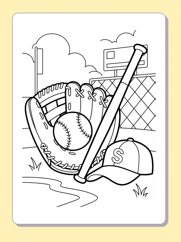 Black and white coloring page of a glove, ball, bat and cap resting beside the field fence