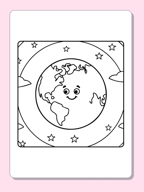 Black-and-white solar system coloring page of smiling earth inside a starry circle: A smiling Earth shows recognizable continent-like patches within a wide circular band, with stars outside.