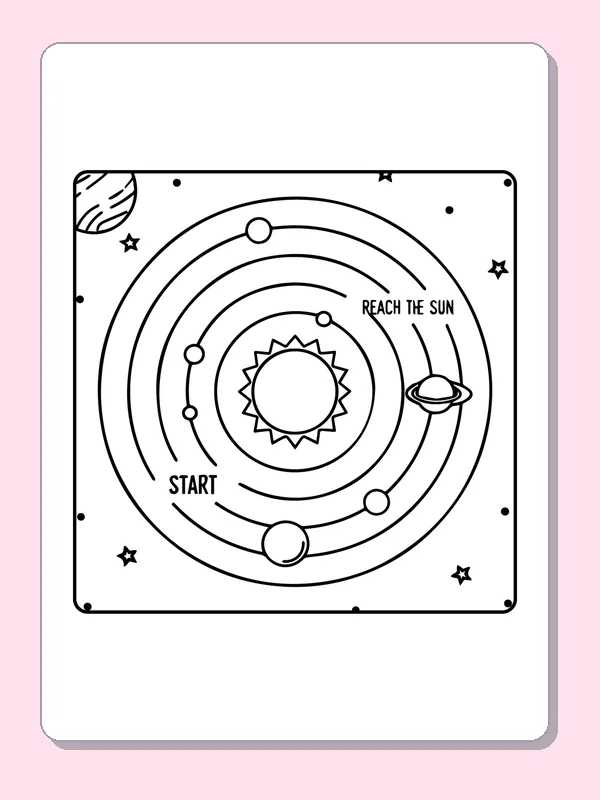 Black-and-white solar system coloring page of find the path to the sun: A START label leads into a curved path puzzle toward a central sun marked REACH THE SUN.