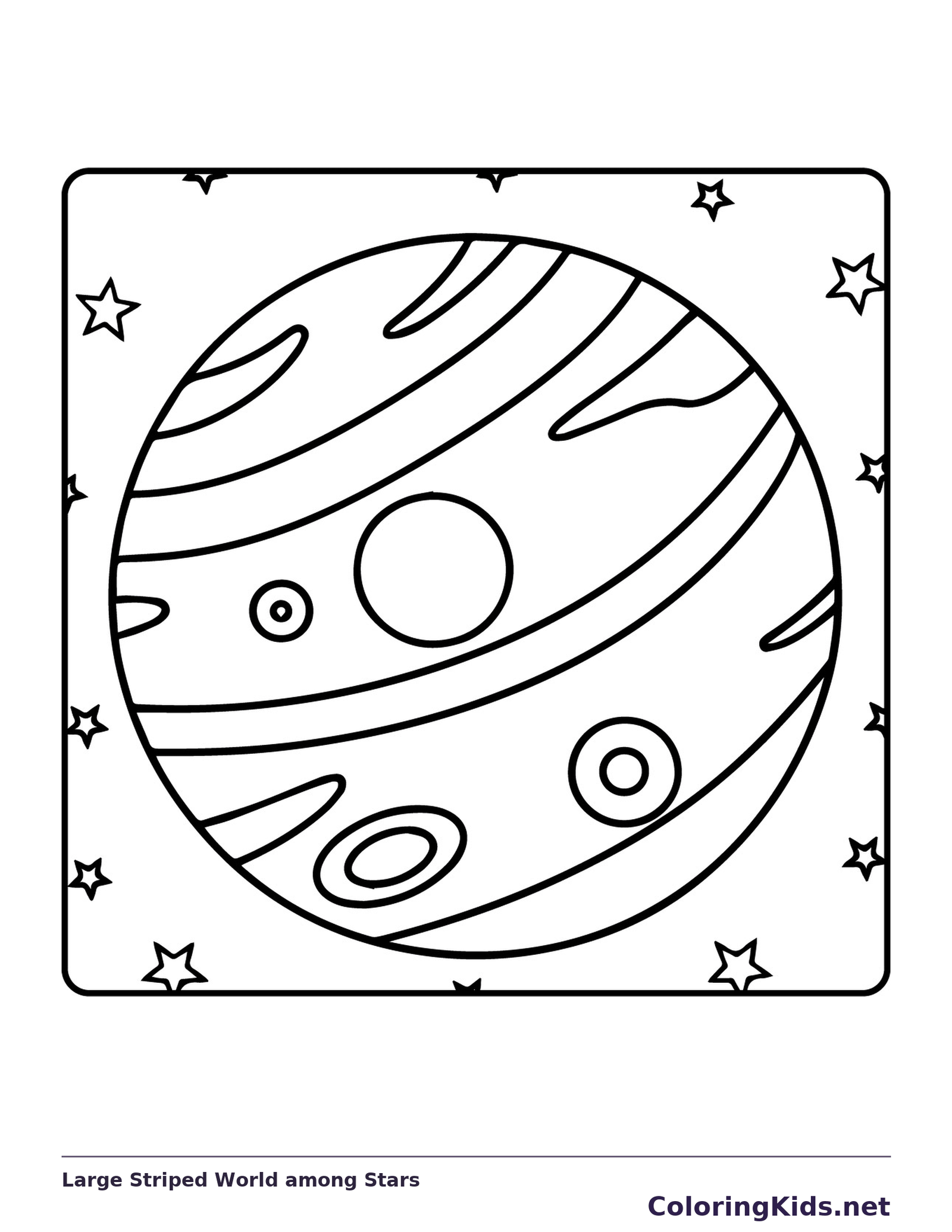 Black-and-white solar system coloring page of large striped world among stars: One giant planet nearly fills the square with broad stripes, circles and ovals.