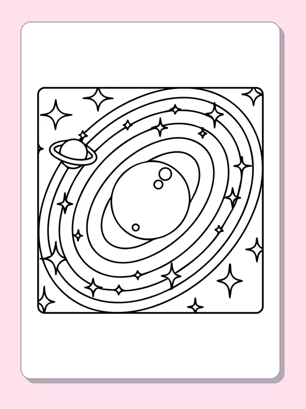 Black-and-white solar system coloring page of ringed planet with circling lines: A ringed planet sits inside several looping bands filled with stars and small round marks.