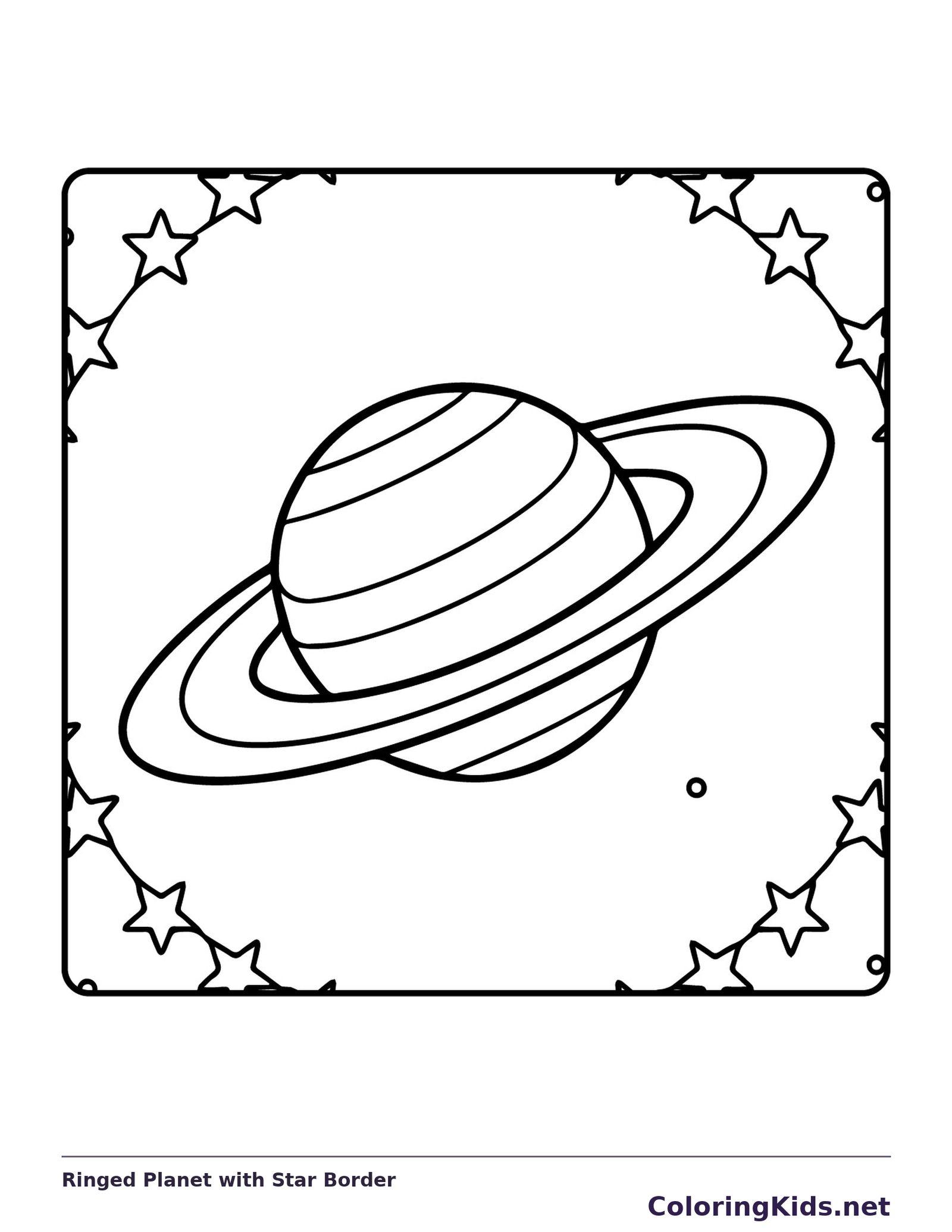 Black-and-white solar system coloring page of ringed planet with star border: A broad ring crosses a striped planet while stars form a loose border around it.