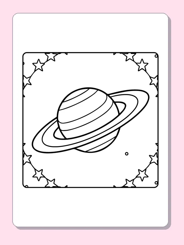 Black-and-white solar system coloring page of ringed planet with star border: A broad ring crosses a striped planet while stars form a loose border around it.
