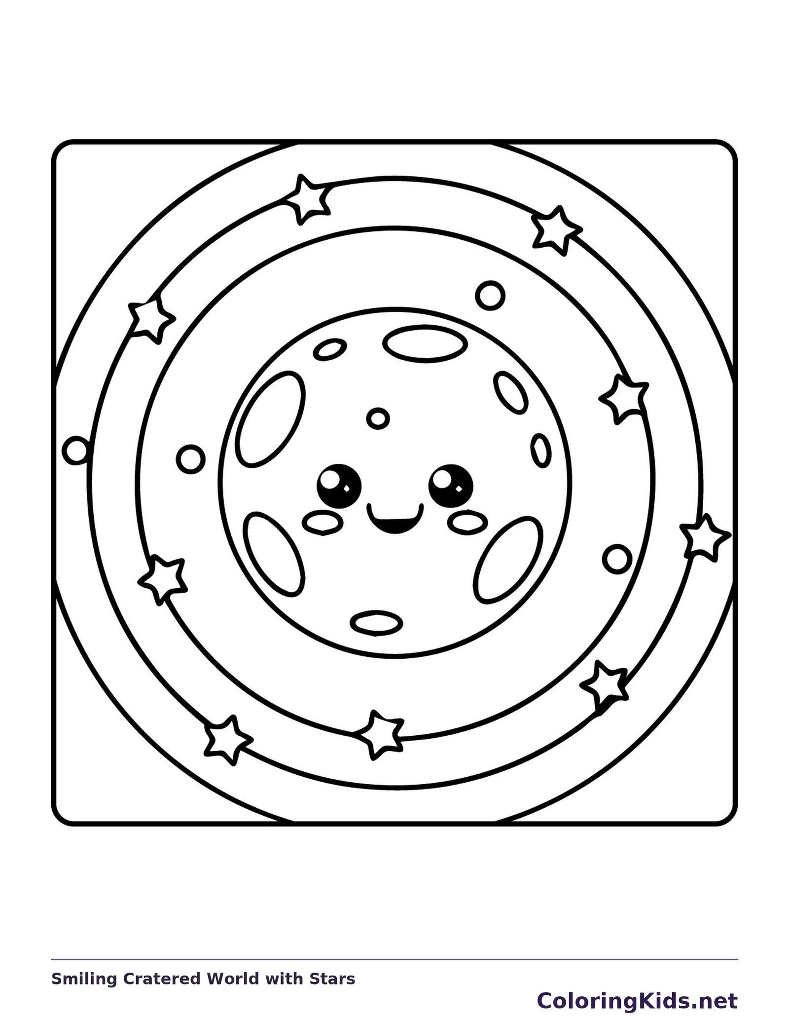 Black-and-white solar system coloring page of smiling cratered world with stars: A round smiling world has oval crater-like marks inside two curved bands dotted with stars.