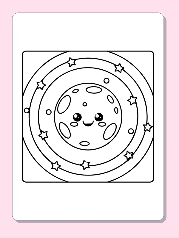 Black-and-white solar system coloring page of smiling cratered world with stars: A round smiling world has oval crater-like marks inside two curved bands dotted with stars.