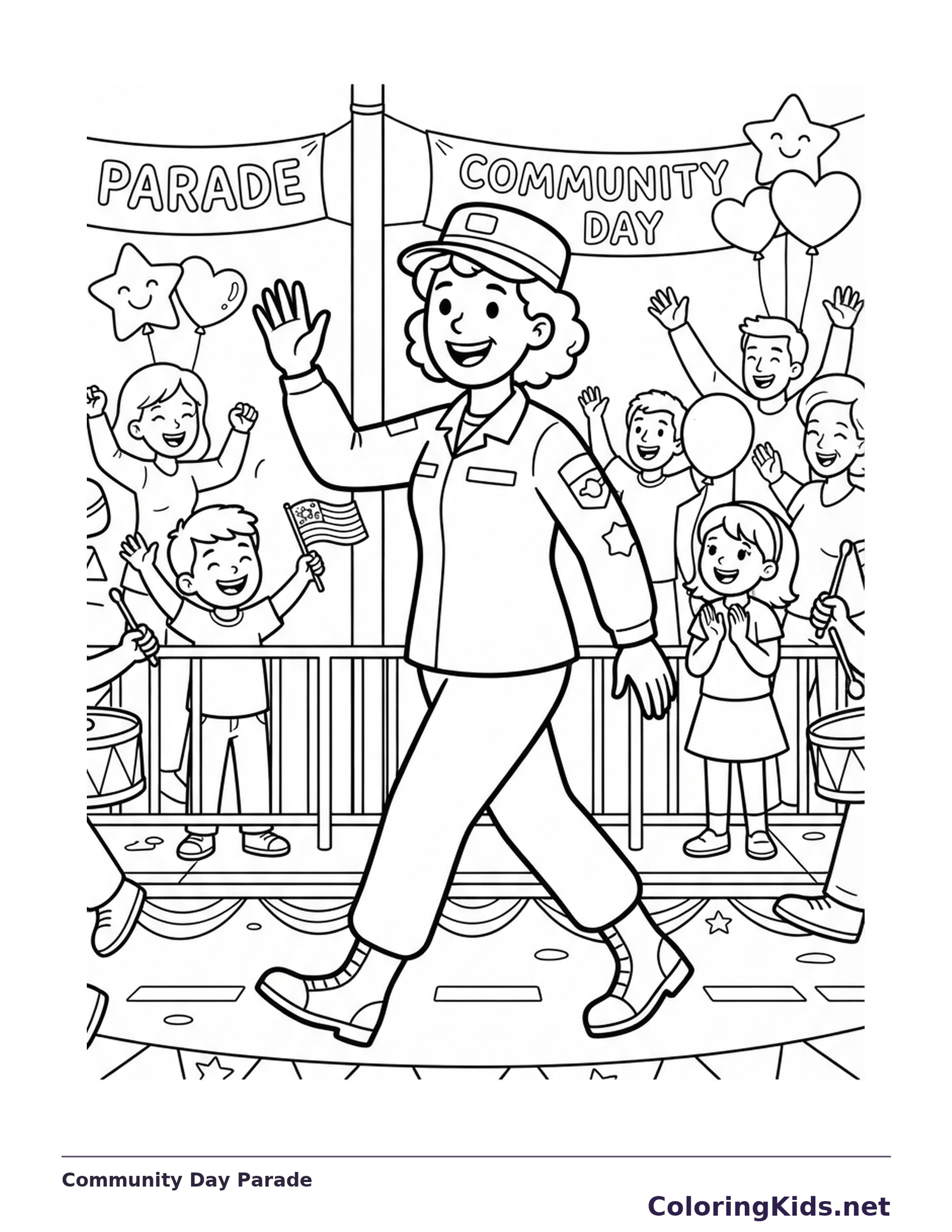 Black and white coloring page of a smiling soldier waving to children behind a parade barrier