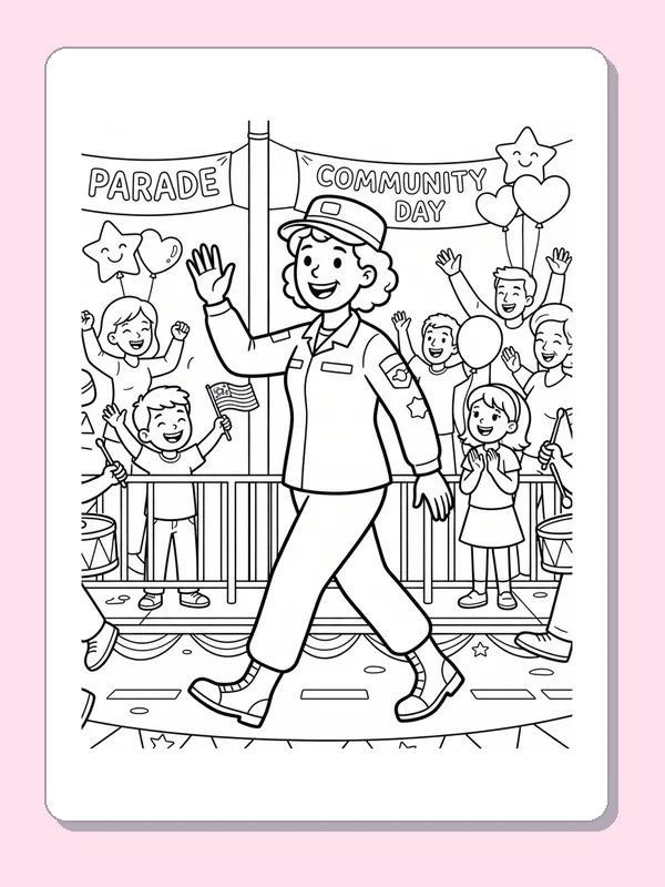 Black and white coloring page of a smiling soldier waving to children behind a parade barrier