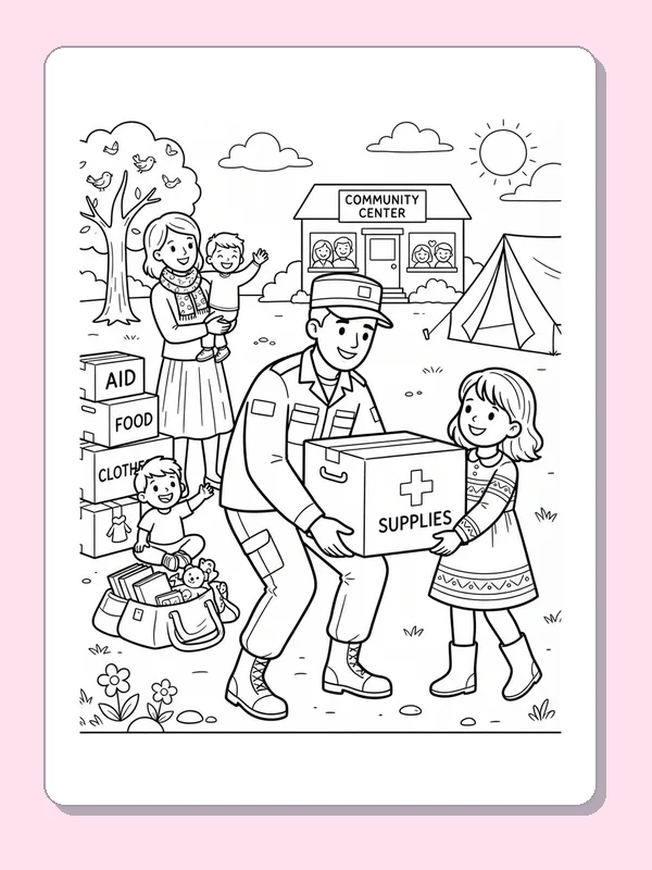 Black and white coloring page of a soldier carrying donated supplies at a neighborhood aid center