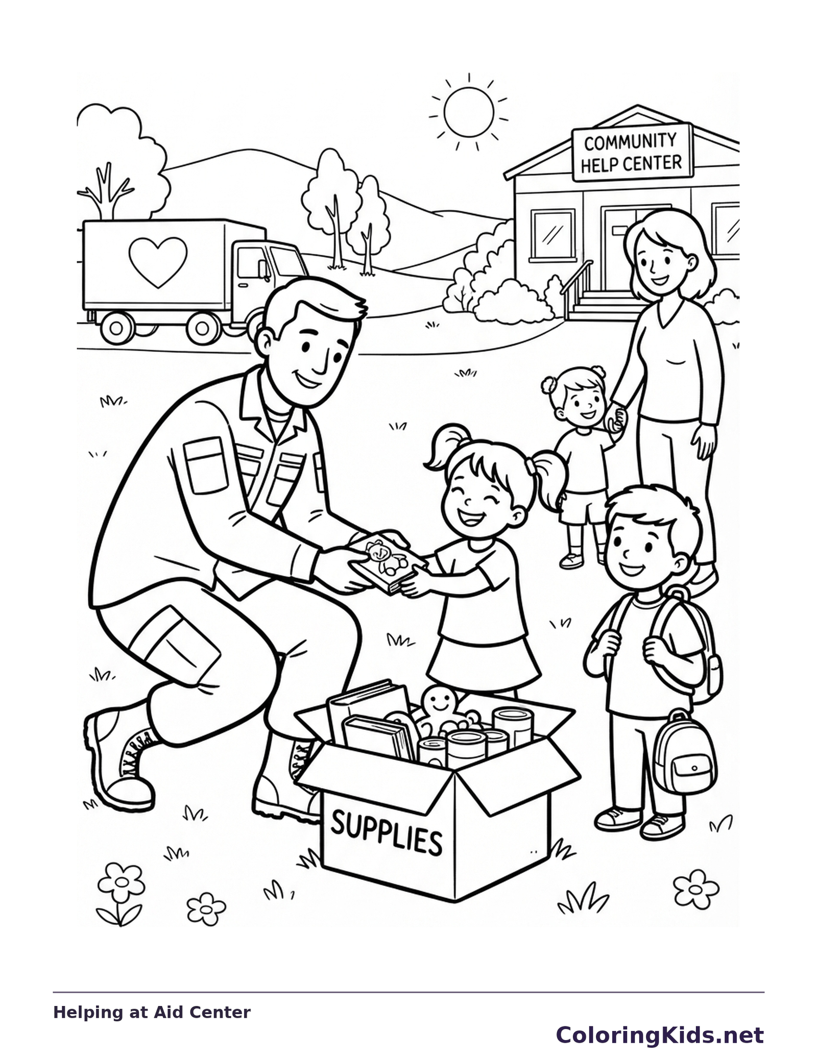 Black and white coloring page of a soldier offering supplies to a child outside a community center