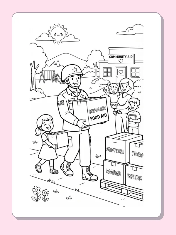 Uniformed person carrying food aid boxes near a community center